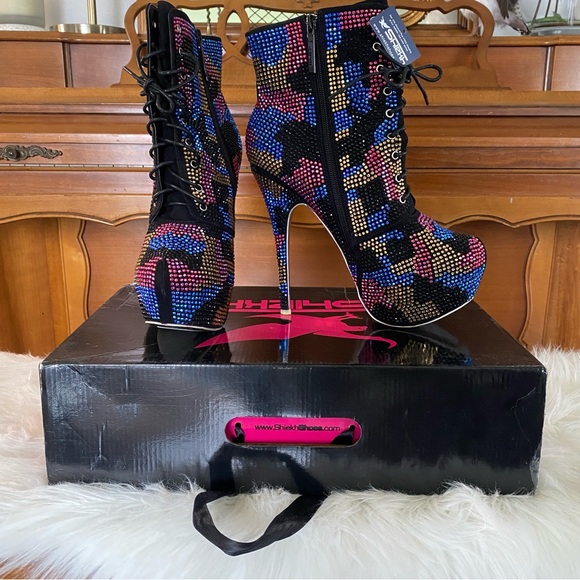 Sheikh Platform Stiletto Ankle Boots, Multi Color Studded Rhinestones - Picture 4 of 10
